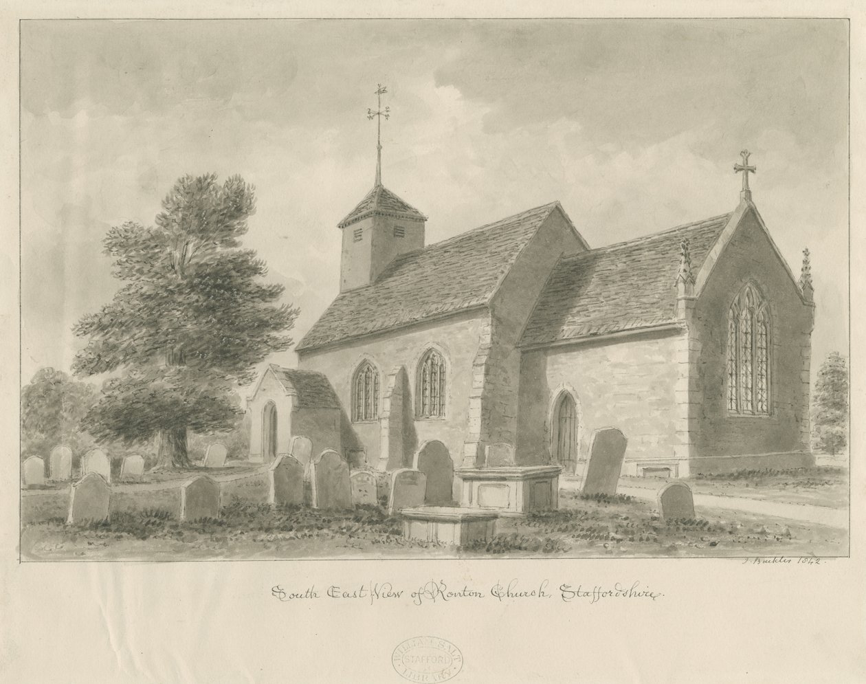 Ranton Church: sepia-tegning, 1842 av John Buckler