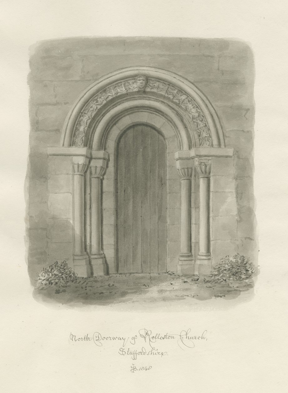 Rolleston Church - North Doorway: sepia-tegning av John Buckler