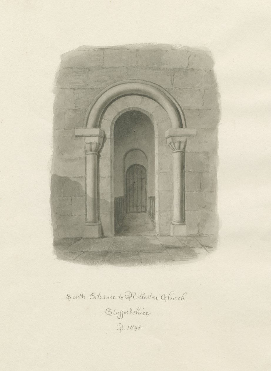 Rolleston Church - South Entrance: sepia-tegning av John Buckler