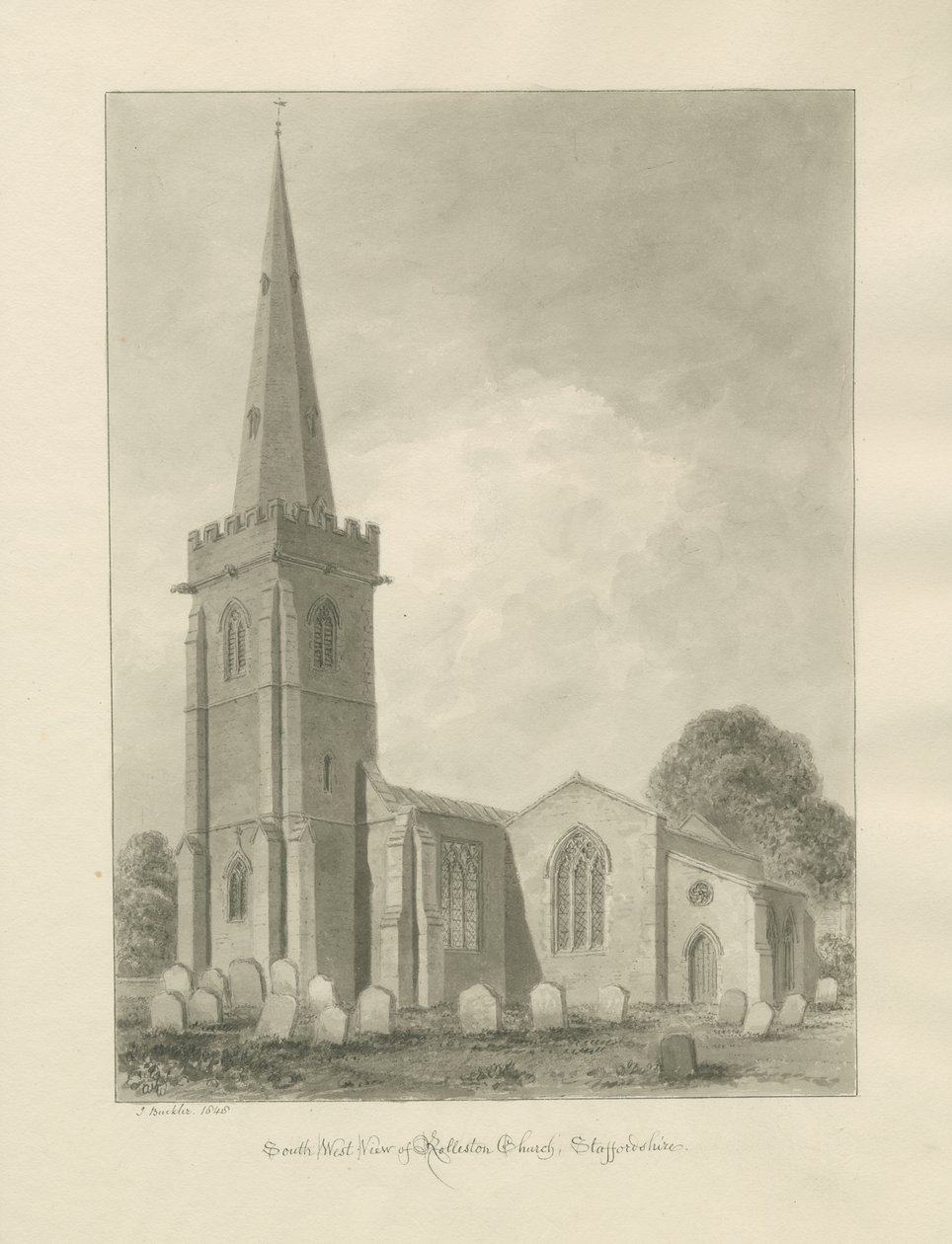 Rolleston Church: sepia tegning av John Buckler