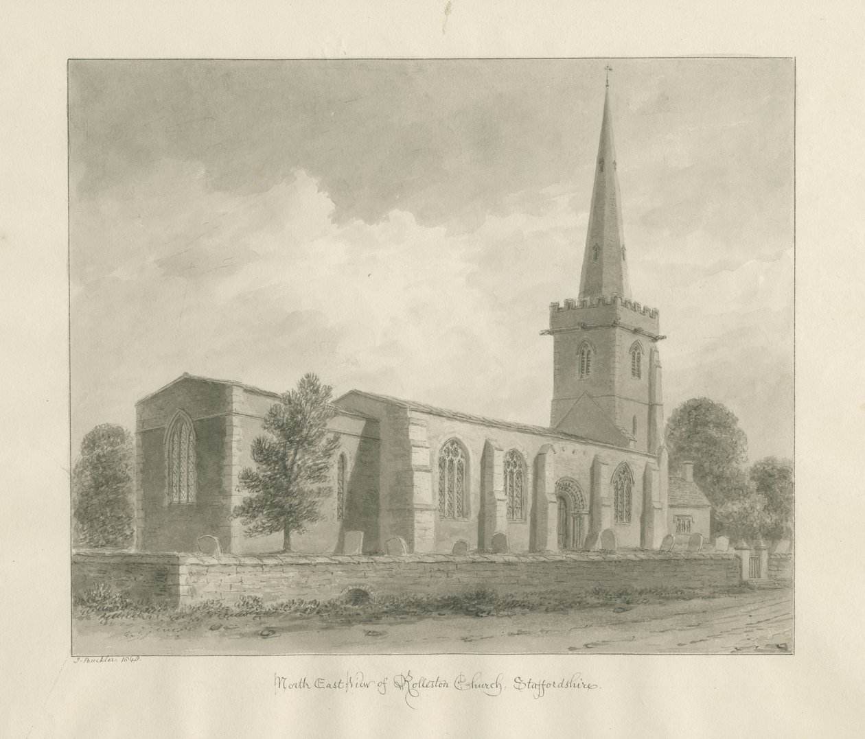 Rolleston Church: sepia-tegning, 1848 av John Buckler