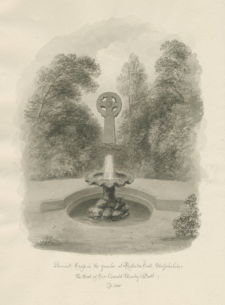 Rolleston Hall - Gammelt kors: sepia-tegning, 1848 av John Buckler