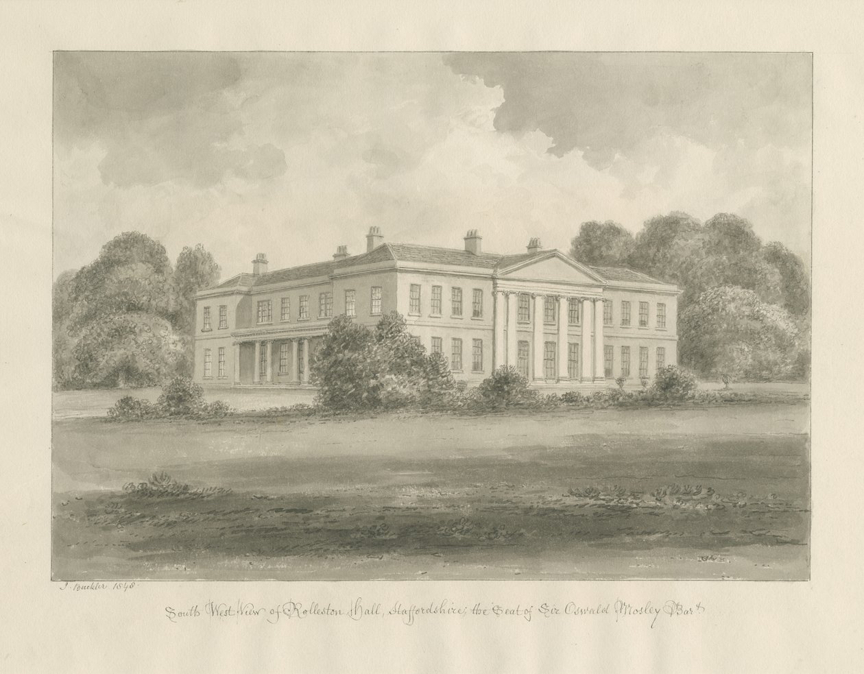 Rolleston Hall: sepia-tegning av John Buckler