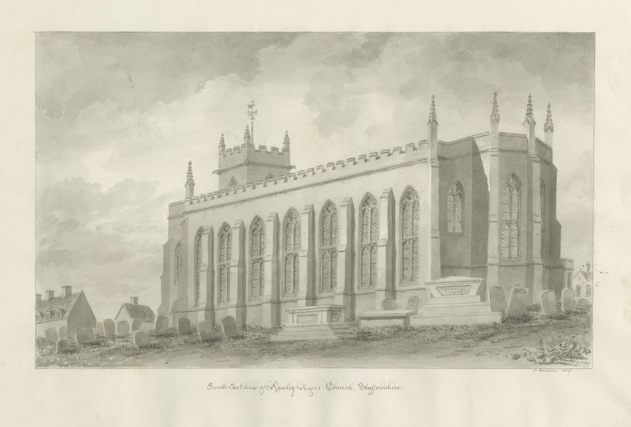 Rowley Regis Church: sepia-tegning, 1847 av John Buckler