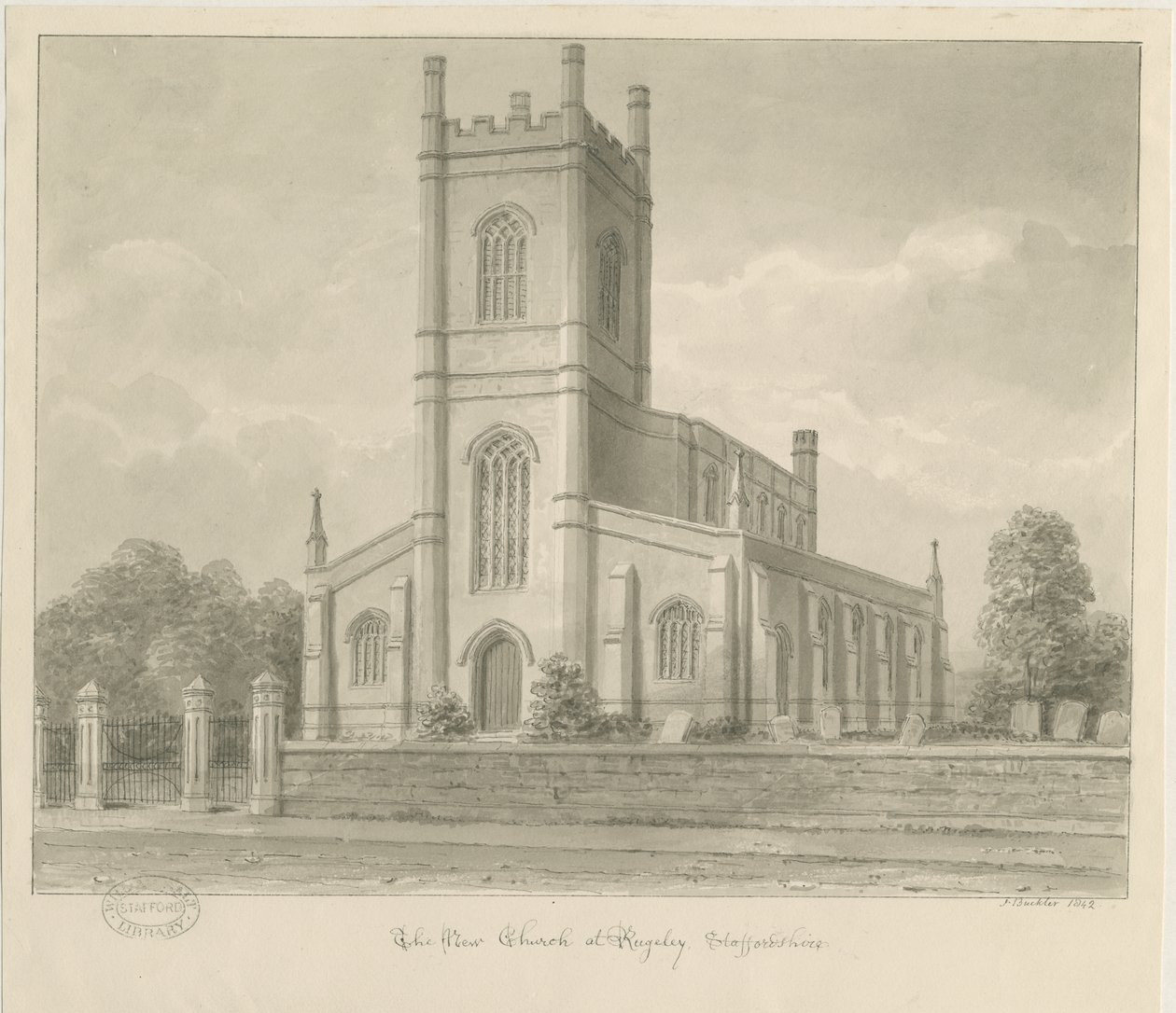 Rugeley Church (Ny): sepia vask tegning av John Buckler