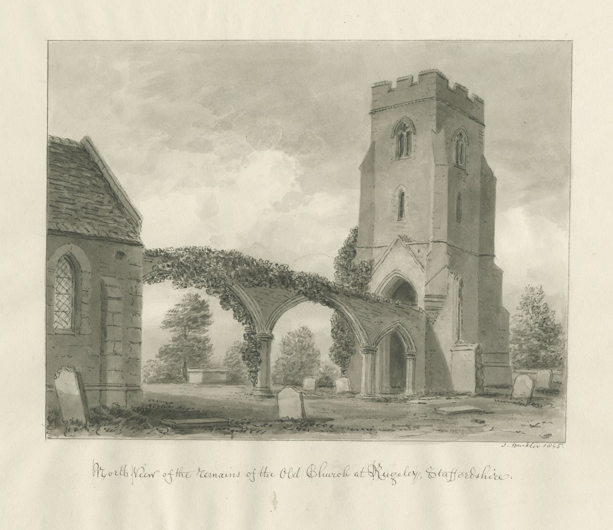 Rugeley Church (gammel): sepia-tegning av John Buckler