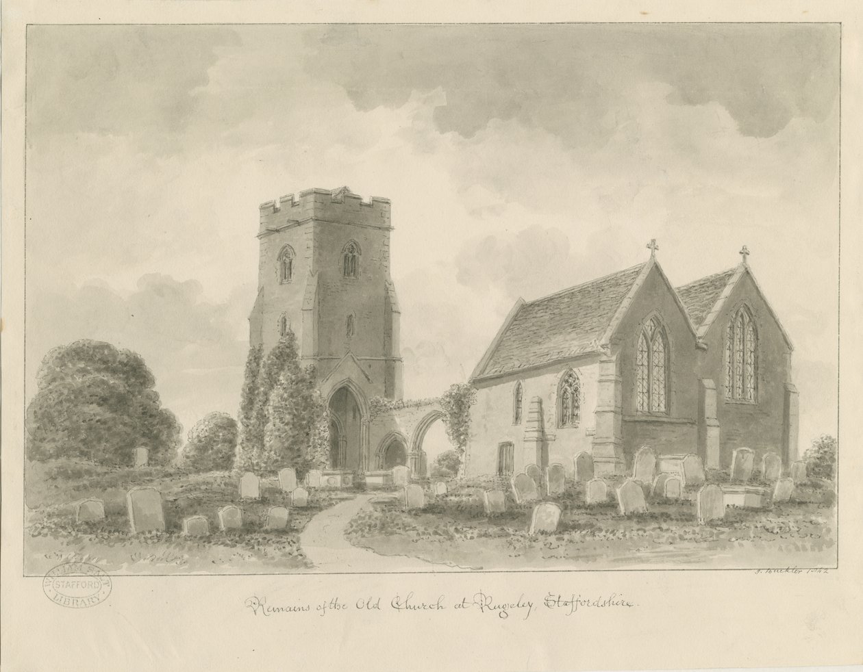 Rugeley Church (gammel): sepia-tegning av John Buckler