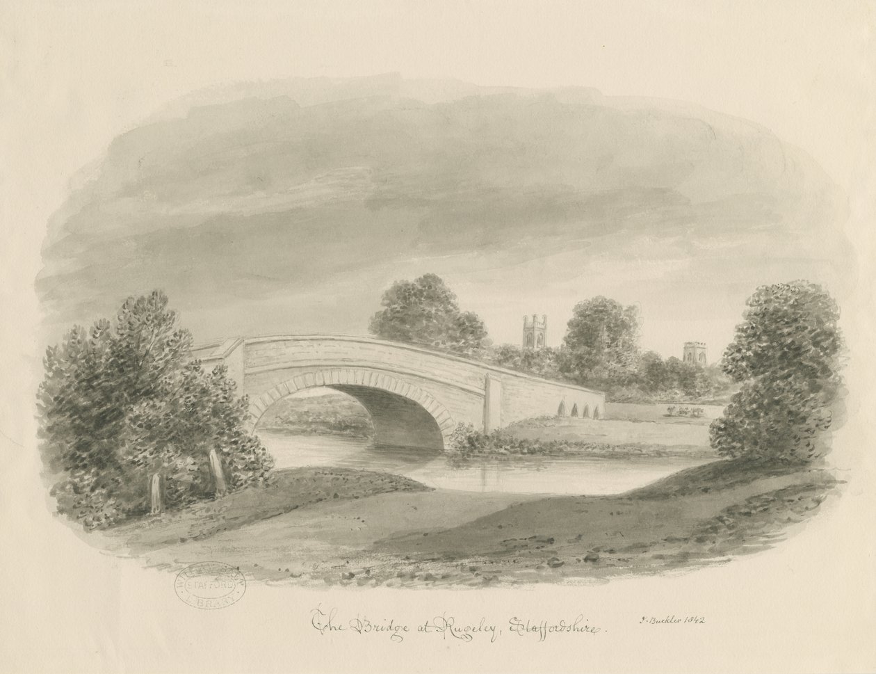 Rugeley Town - Bridge: sepia-tegning, 1842 av John Buckler