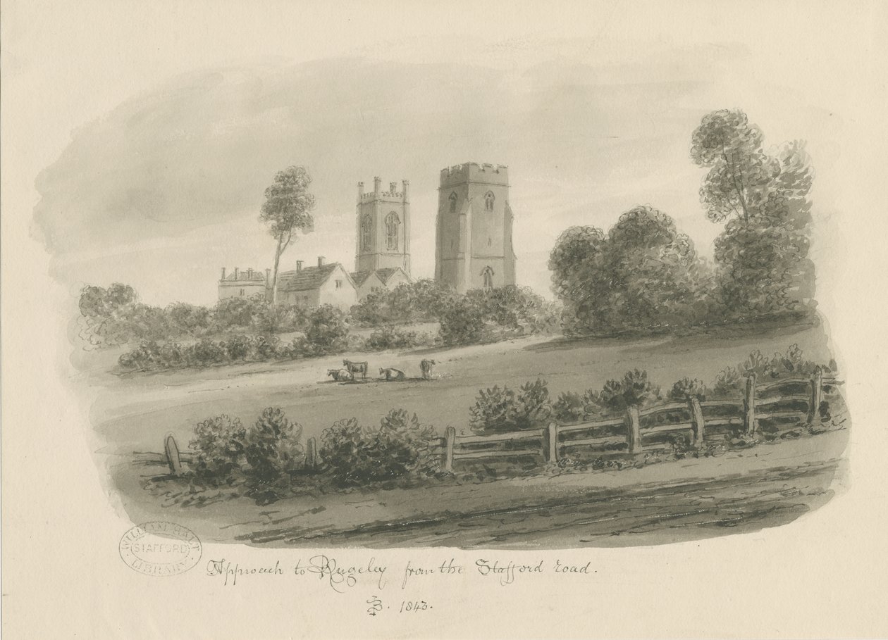 Rugeley Town - Fra Stafford Road: sepia-tegning av John Buckler
