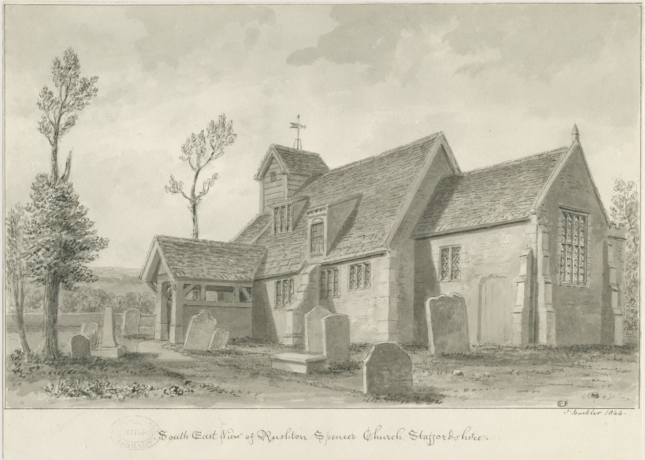 Rushton Spencer Church: sepia vasketegning, 1844 av John Buckler