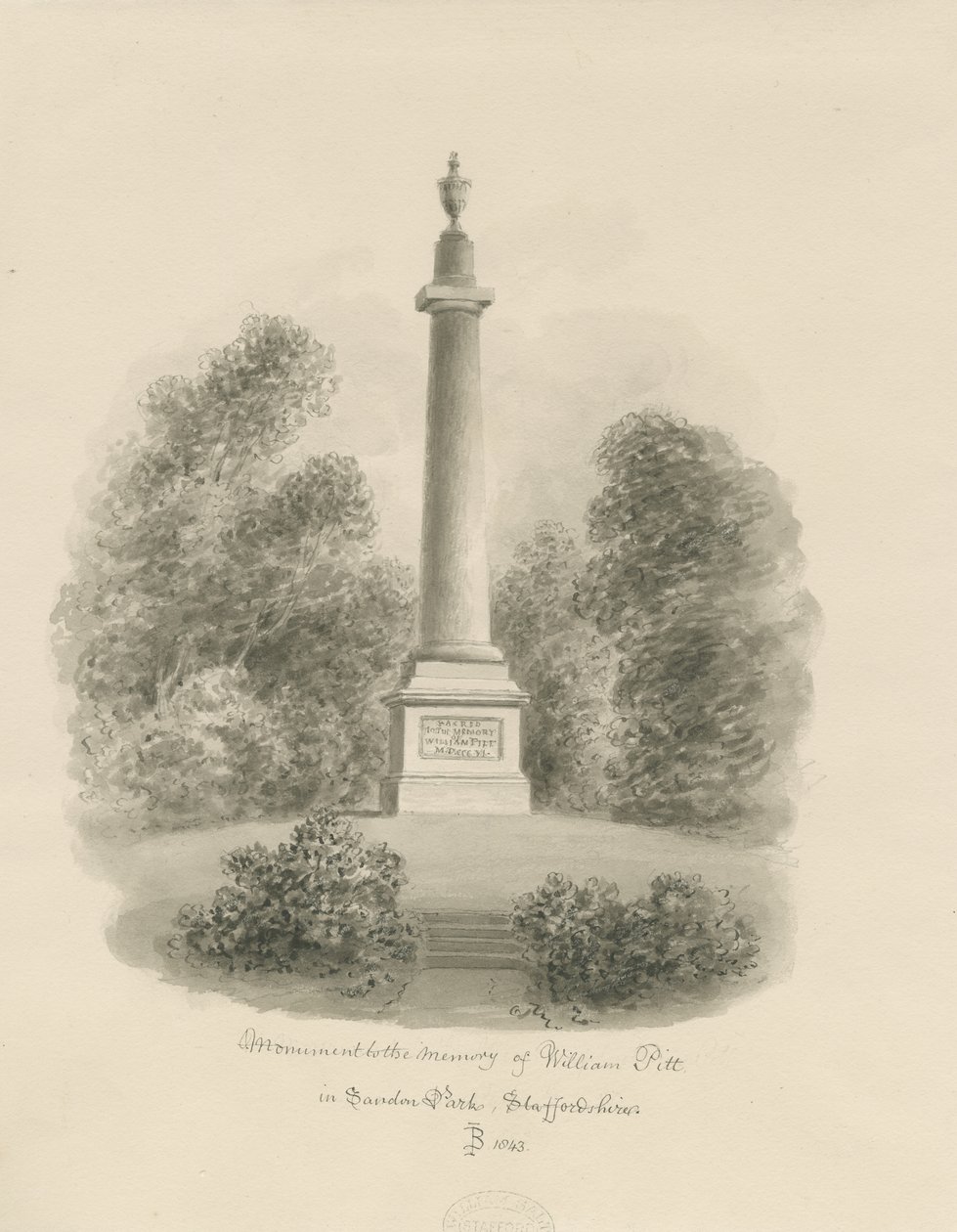 Sandon - Monument til William Pitt: sepia vask tegning av John Buckler