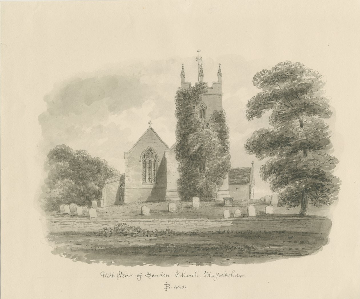 Sandon Church: sepia-tegning, 1843 av John Buckler