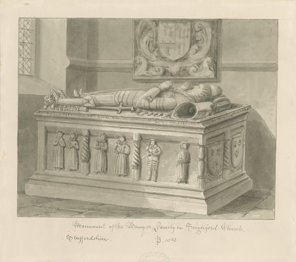Seighford Church - Tomb of William and Mercy Bowyer: sepia vasketegning, 1842 av John Buckler
