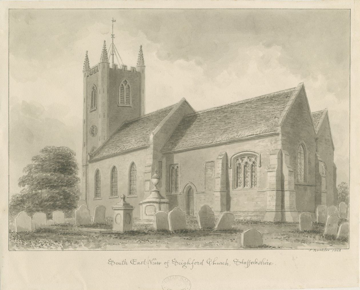 Seighford Church: sepia vasketegning, 1842 av John Buckler