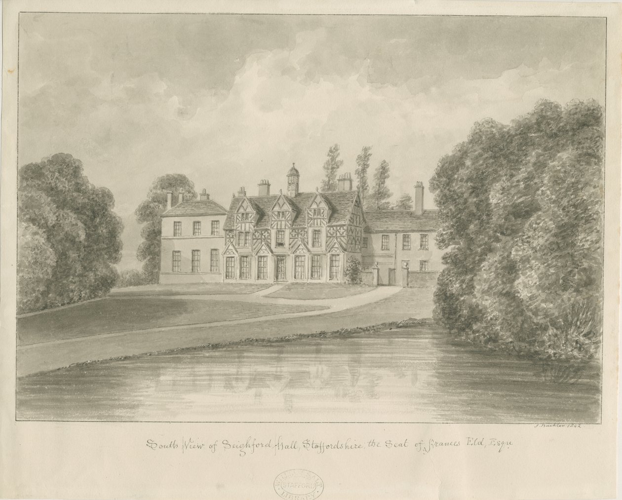 Seighford Hall: sepia-tegning av John Buckler
