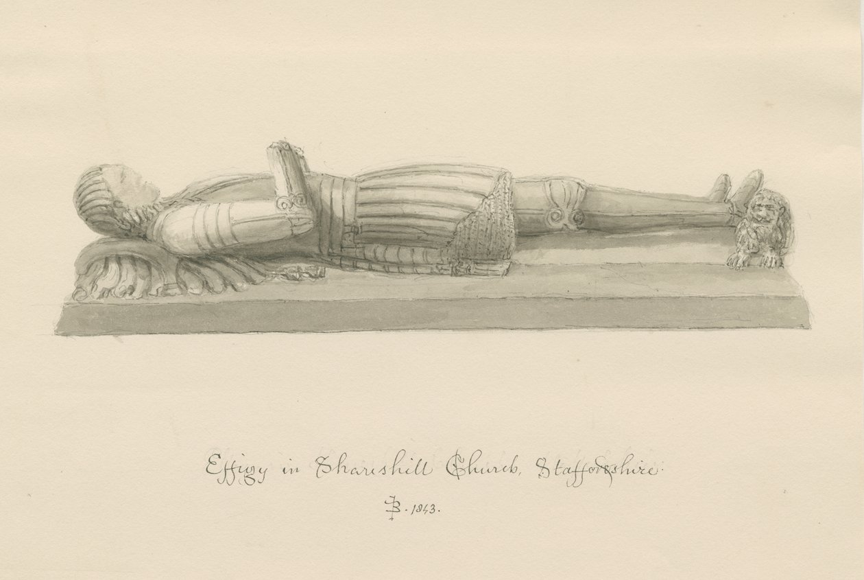Shareshill Church - Monumentalt bilde til [Sir Humphrey Swynnerton]: sepia-vasketegning av John Buckler