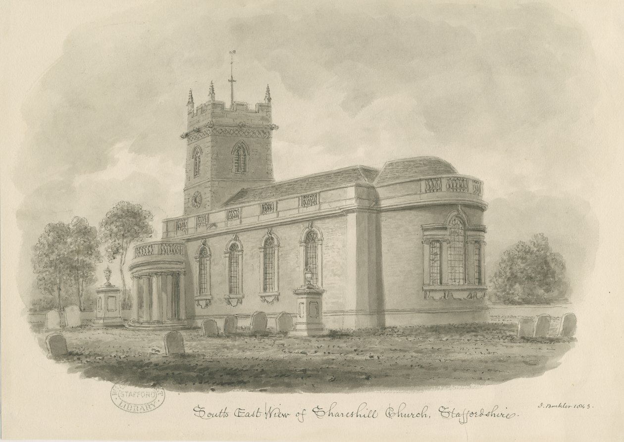 Shareshill Church: sepia-tegning, 1843 av John Buckler