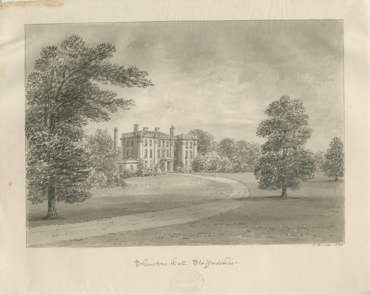 Shenstone Park - Hall: sepia-tegning av John Buckler