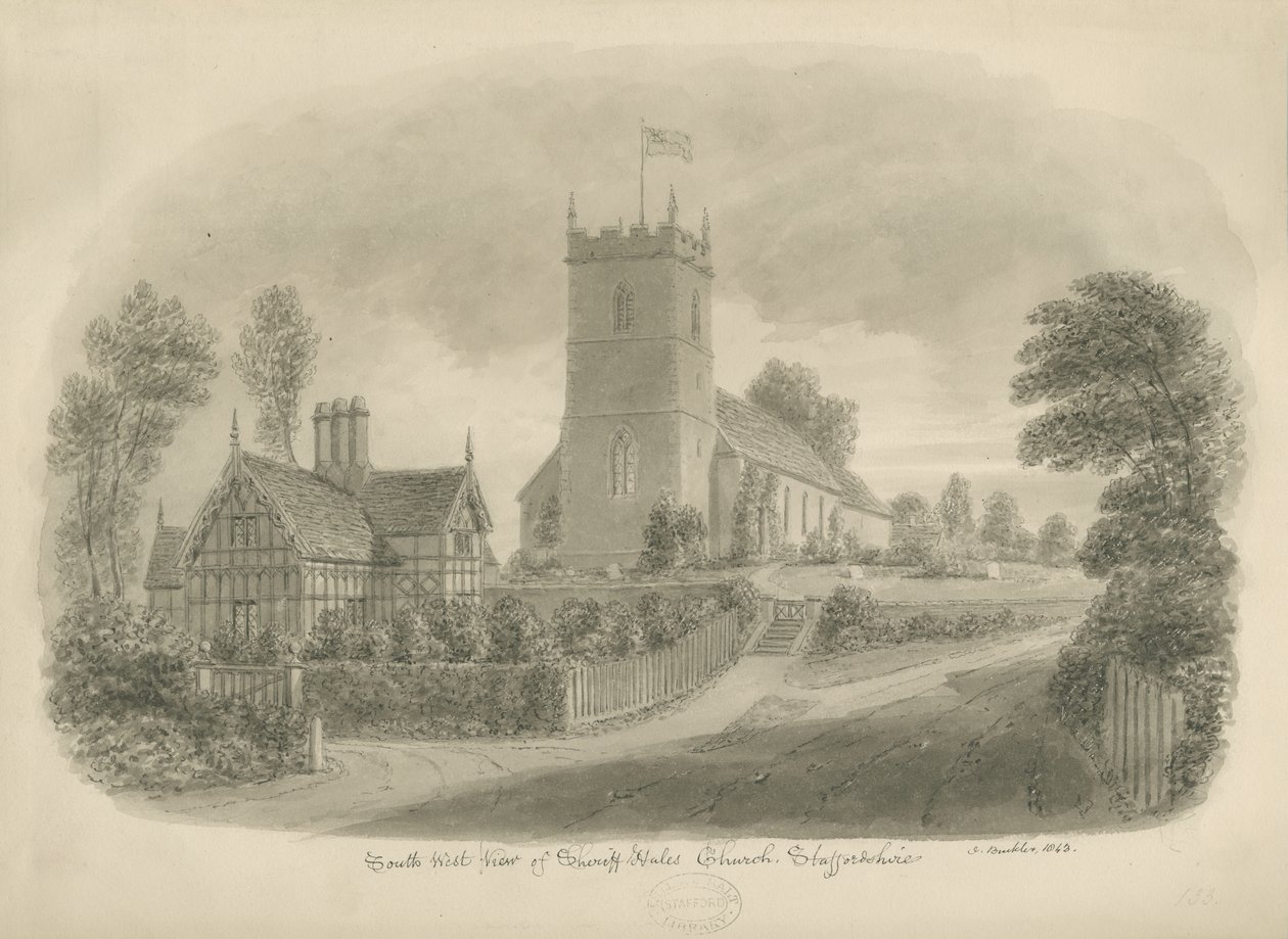Sheriffhales kirke: sepia tegning av John Buckler