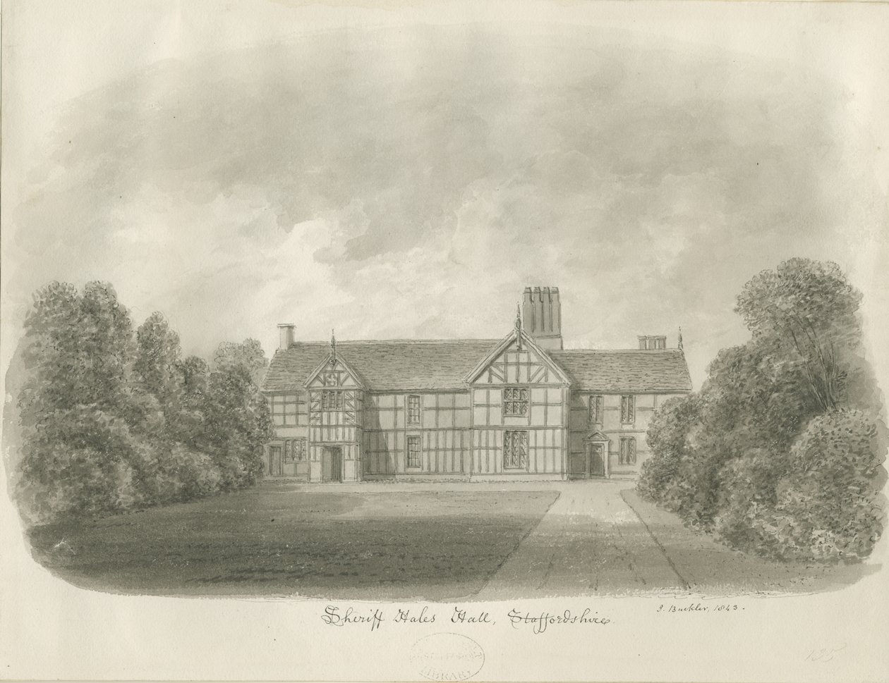 Sheriffhales Hall: sepia tegning av John Buckler