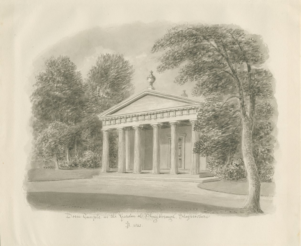Shugborough - Dorisk tempel: sepia-tegning, 1842 av John Buckler