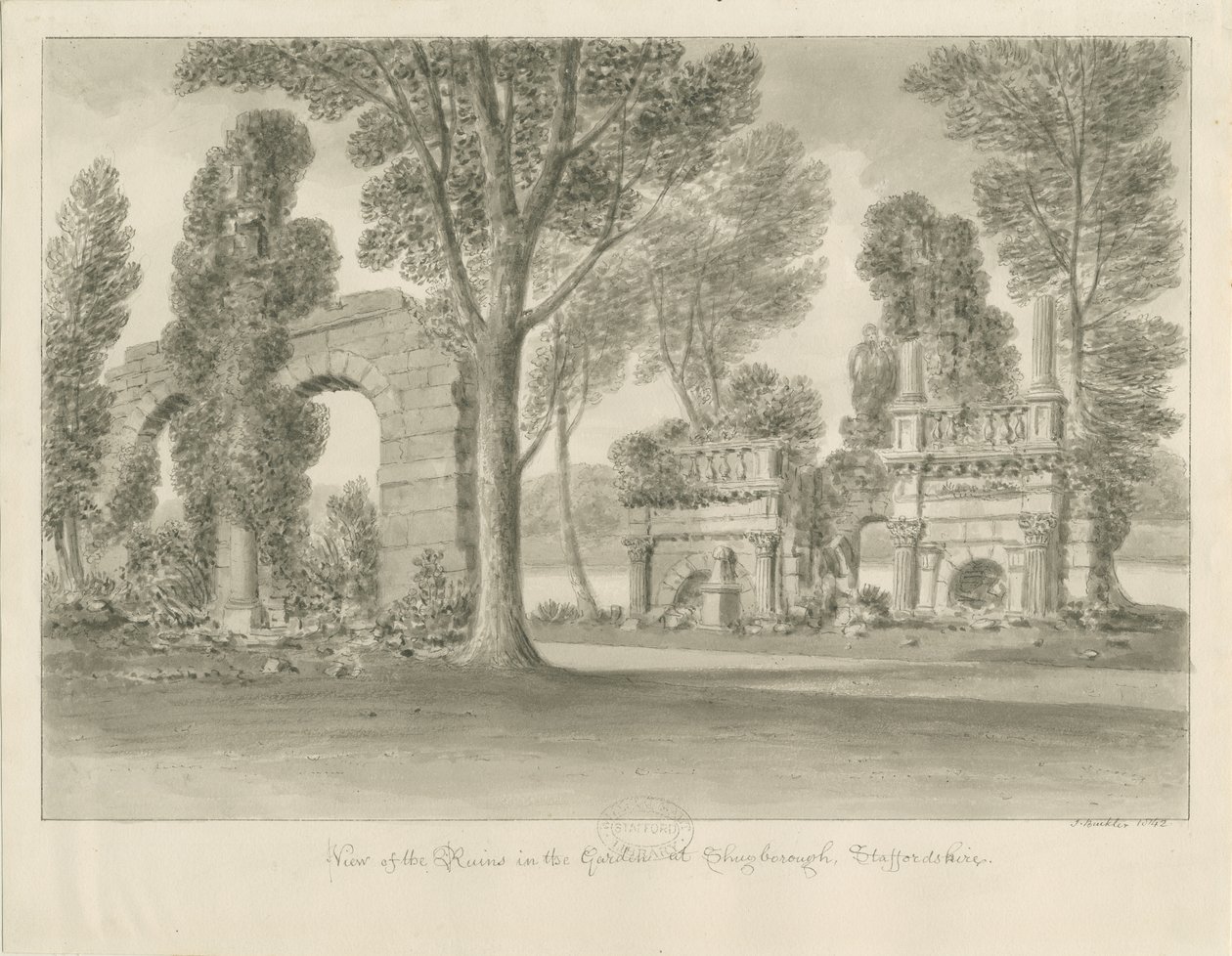 Shugborough - Ruins in Garden: sepia-tegning av John Buckler