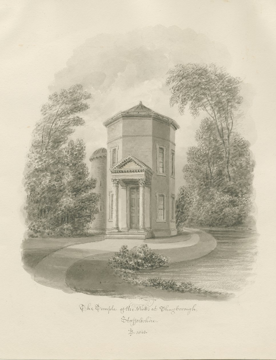 Shugborough - Vindenes tempel: sepia-tegning, 1843 av John Buckler
