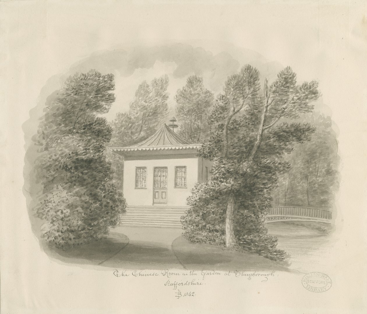 Shugborough - The Chinese Room: sepia vask tegning av John Buckler