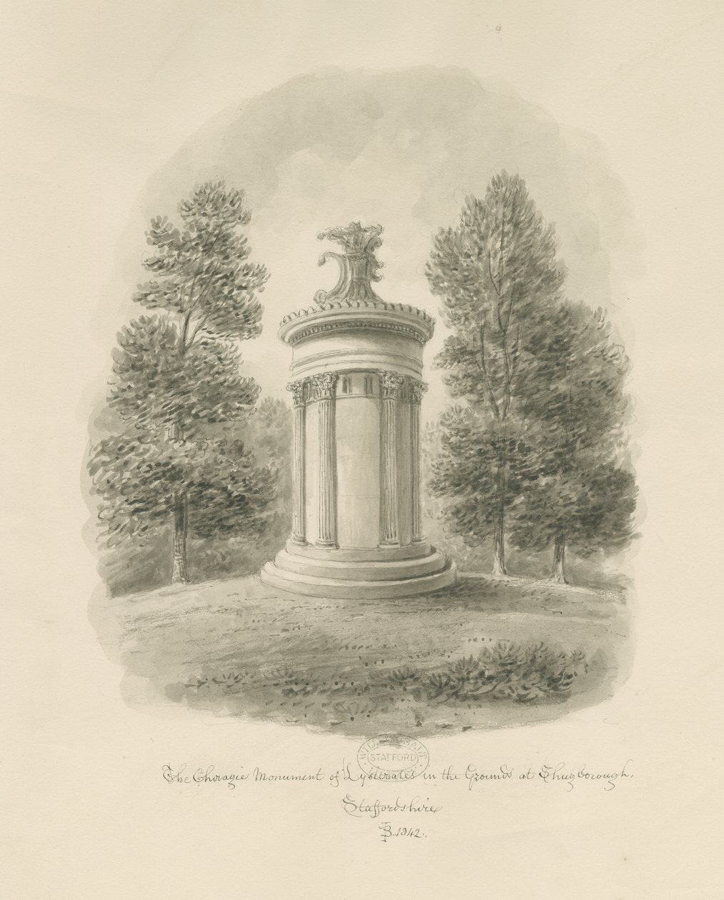 Shugborough - The Choragic Monument of Lysicrates: sepia-tegning av John Buckler