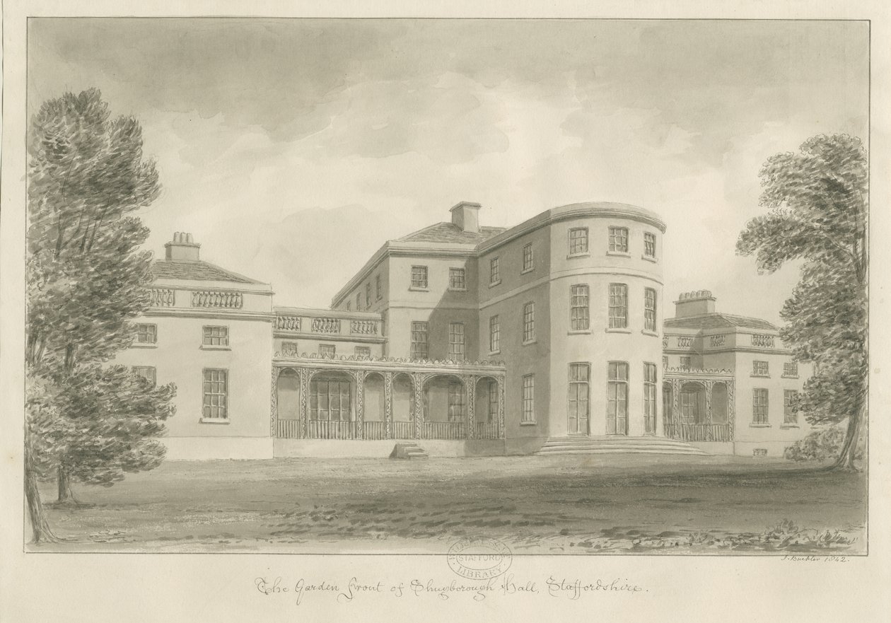 Shugborough Hall - Hagefront: sepia-tegning, 1842 av John Buckler