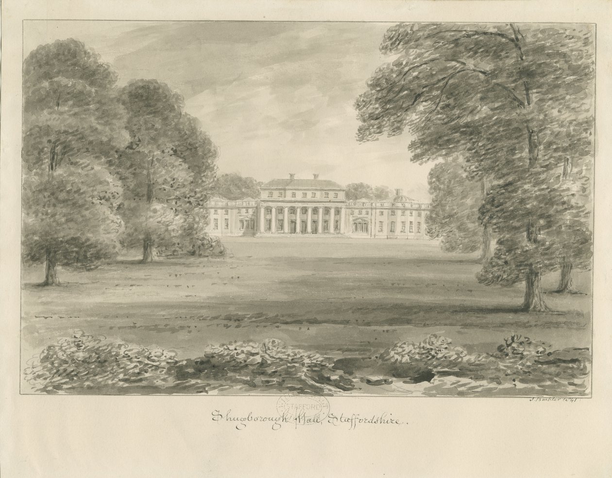 Shugborough Hall: sepia-tegning av John Buckler
