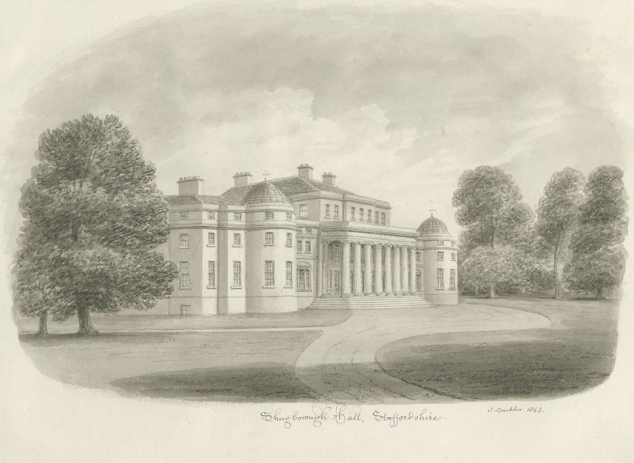 Shugborough Hall: sepia-tegning, 1843 av John Buckler