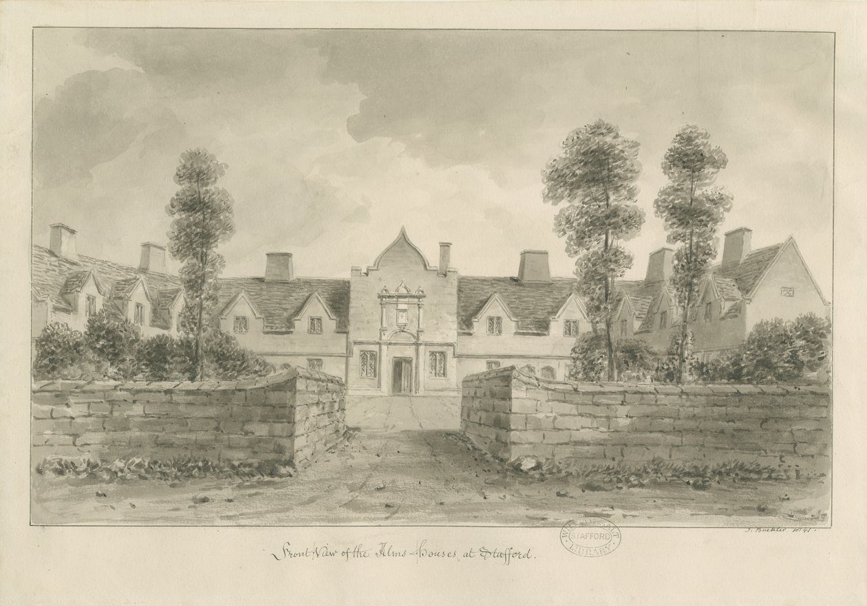 Stafford - Almuhus: sepia-tegning av John Buckler