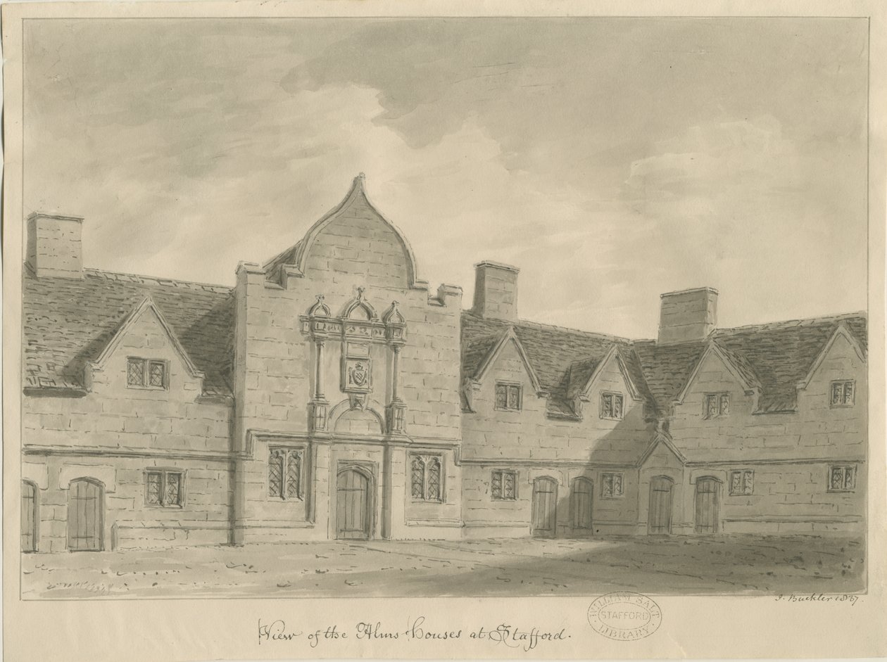 Stafford - Alms Houses: sepia-tegning, 1837 av John Buckler