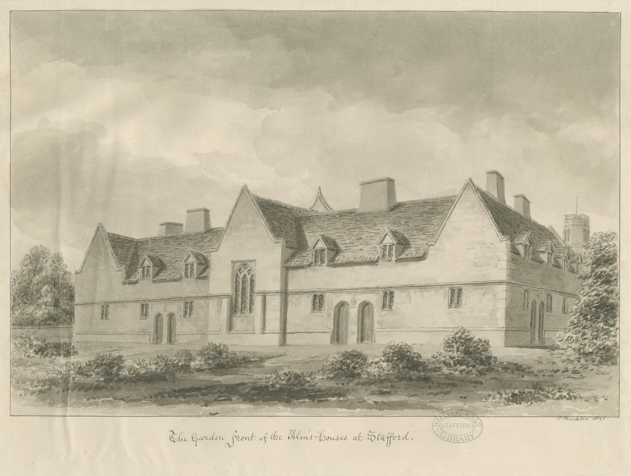 Stafford - Alms Houses: sepia-tegning, 1841 av John Buckler