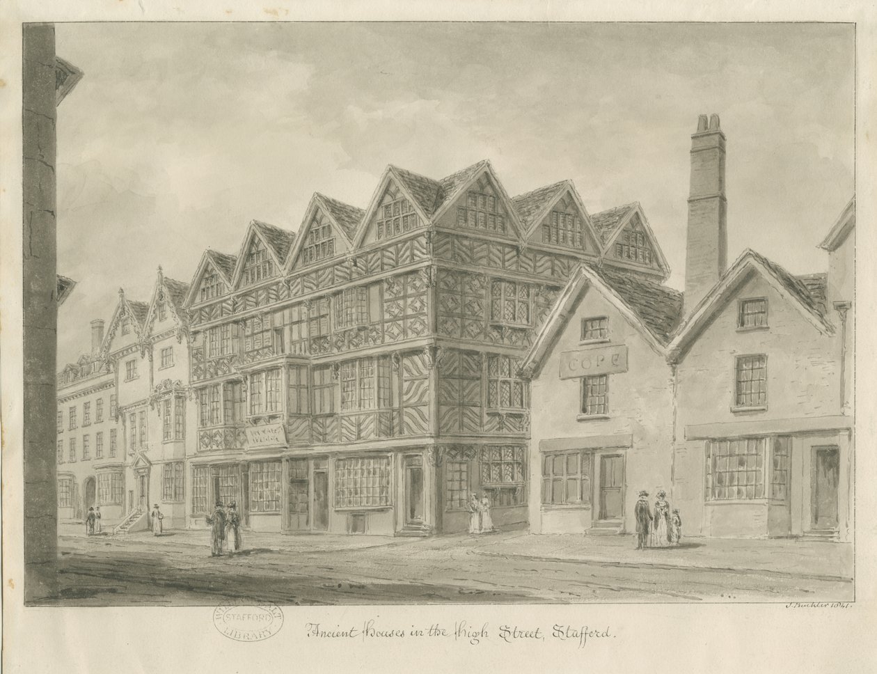 Stafford - Ancient "High House": sepia-tegning, 1841 av John Buckler