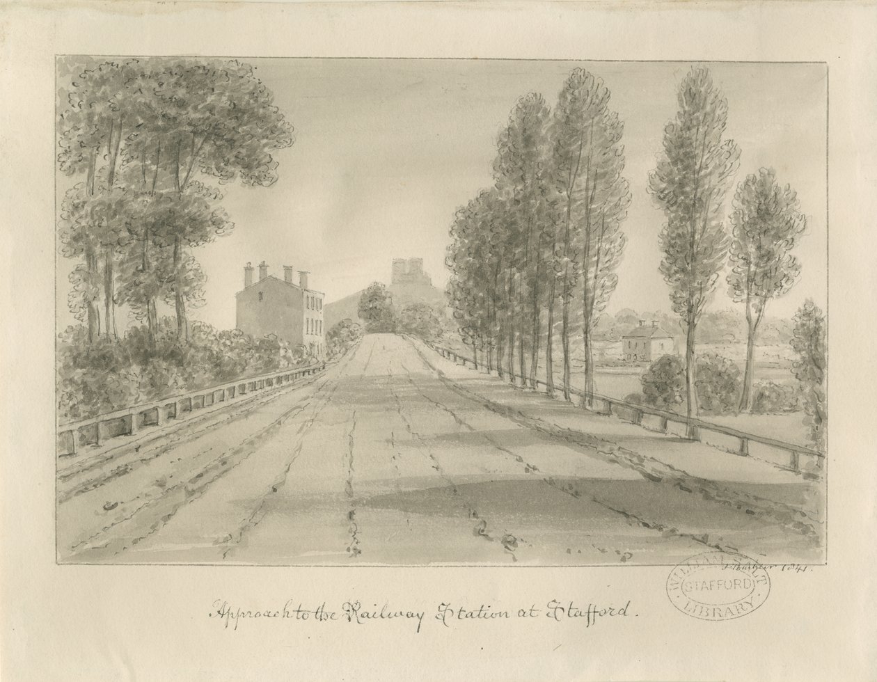 Stafford - Approach to Railway Station: sepia-tegning av John Buckler