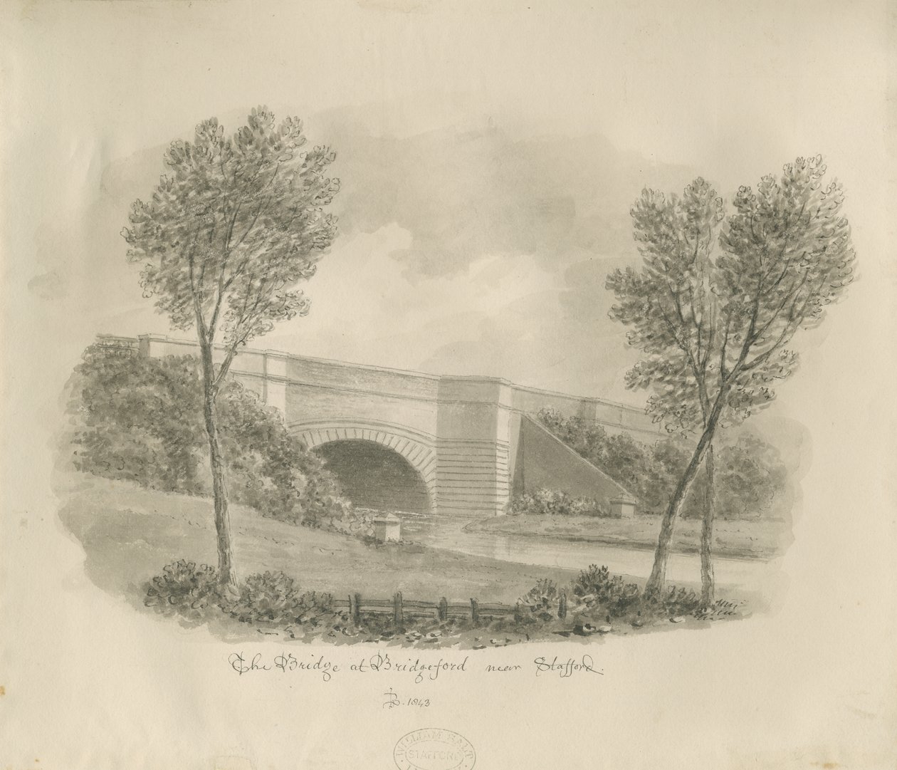 Stafford - Bridge at Bridgeford: sepia-tegning av John Buckler