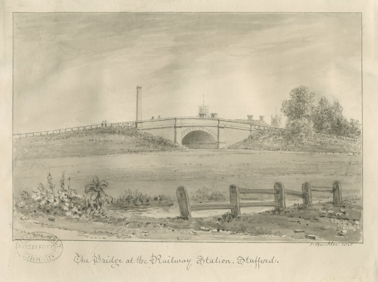 Stafford - Bridge at Railway Station: sepia-tegning, 1841 av John Buckler