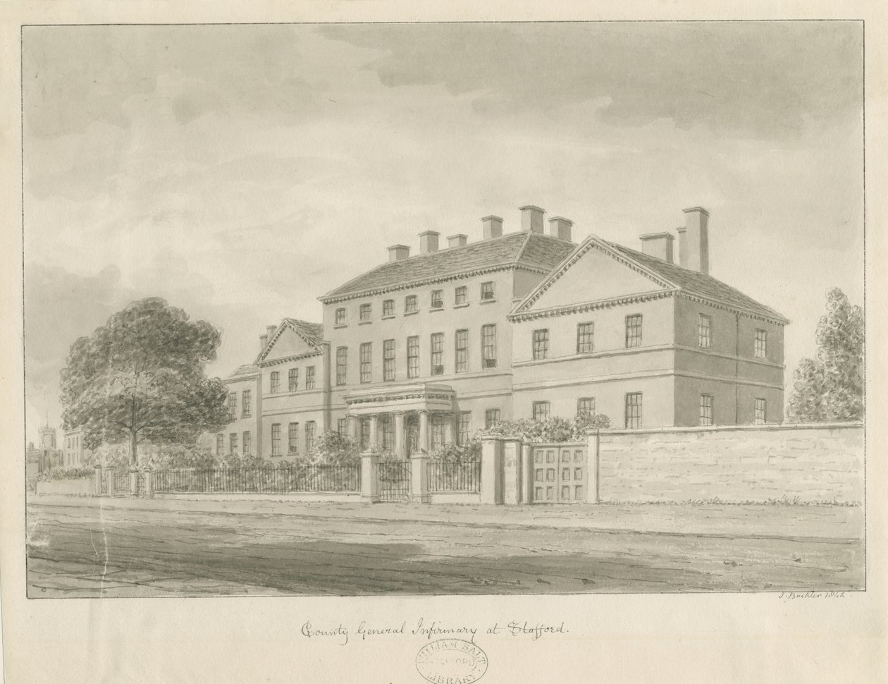 Stafford - County General Infirmary: sepia-tegning av John Buckler
