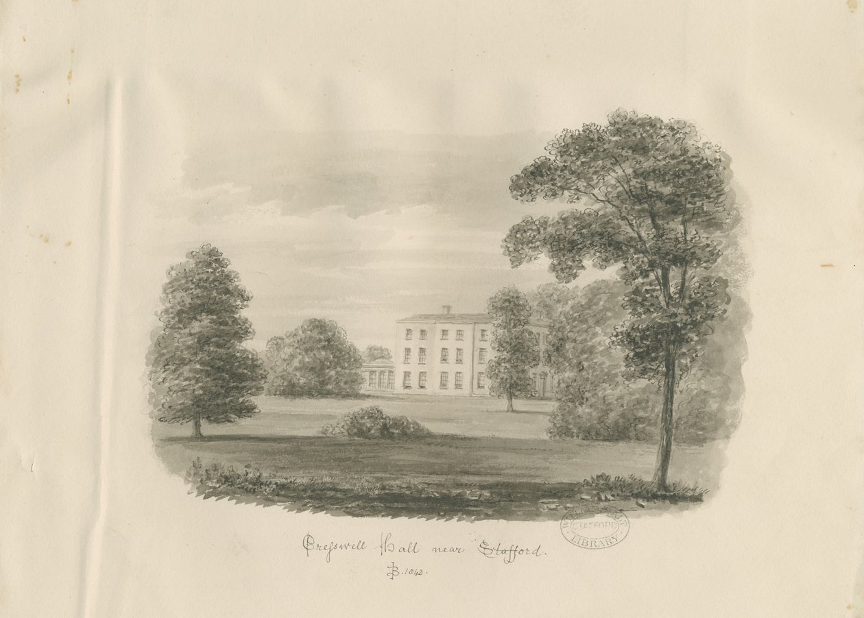 Stafford - Cresswell Hall: sepia-tegning av John Buckler