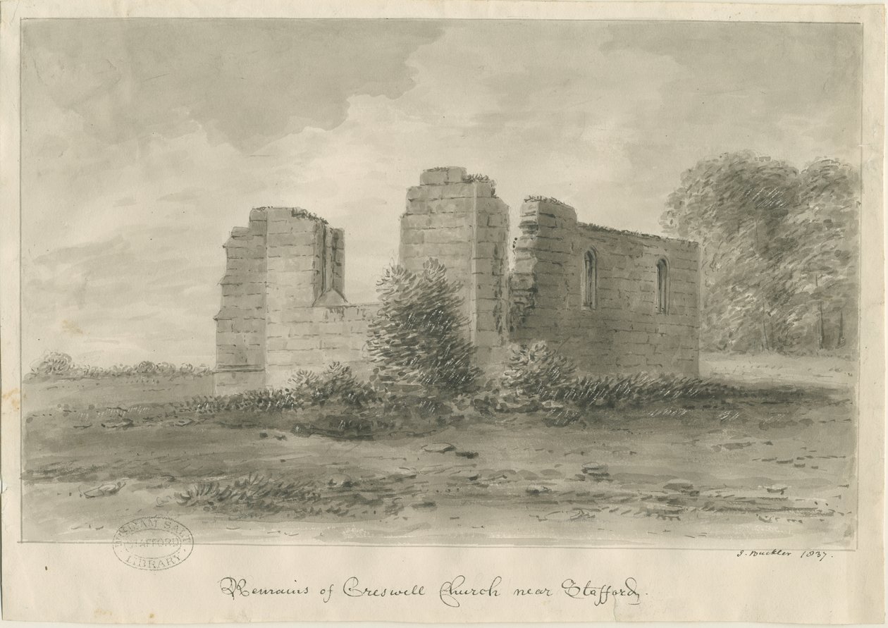 Stafford - Creswell Chapel: sepia-tegning, 1837 av John Buckler