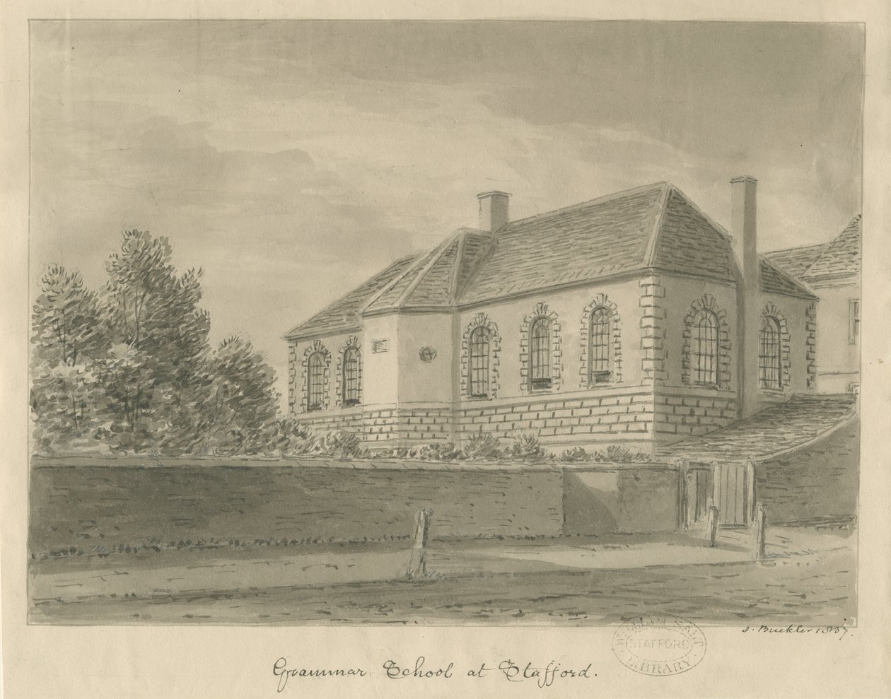 Stafford - Grammar School: sepia-tegning, 1837 av John Buckler