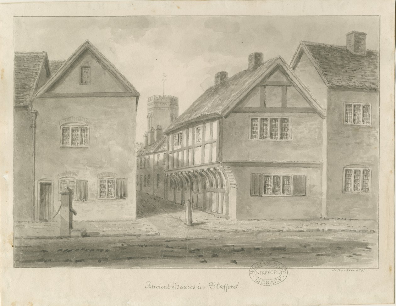 Stafford - Little Church Lane: sepia-tegning, 1841 av John Buckler