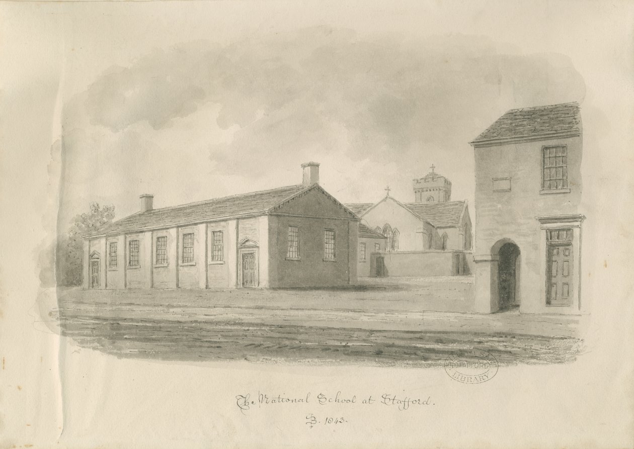 Stafford - National School: sepia-tegning av John Buckler