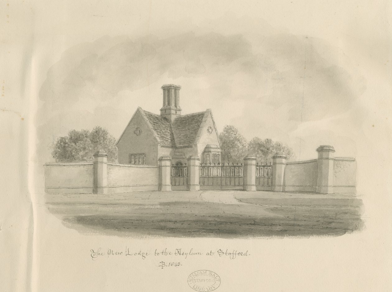 Stafford - New Lodge to the Asylum: sepia-tegning, 1843 av John Buckler