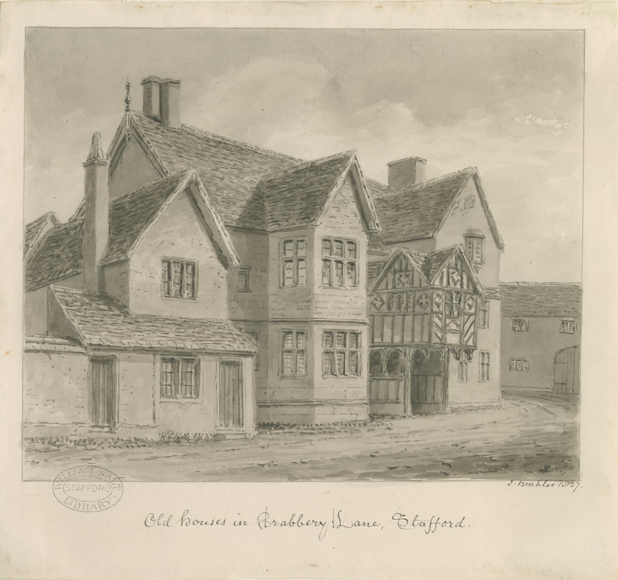 Stafford - Old Houses in Crabbery Lane: sepia-tegning av John Buckler