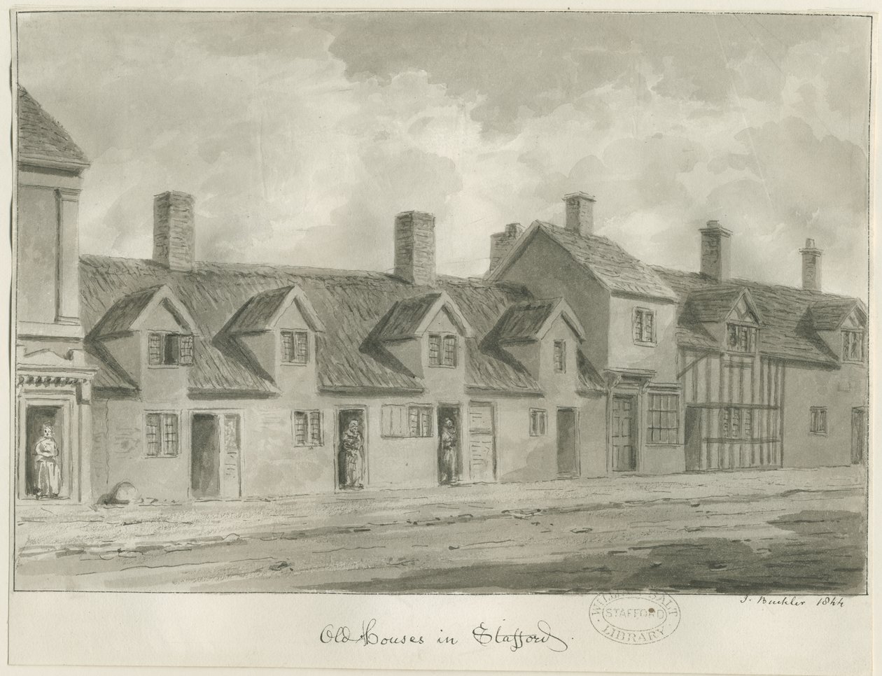 Stafford - Old Houses [i Eastgate Street]: sepia-tegning, 1844 av John Buckler