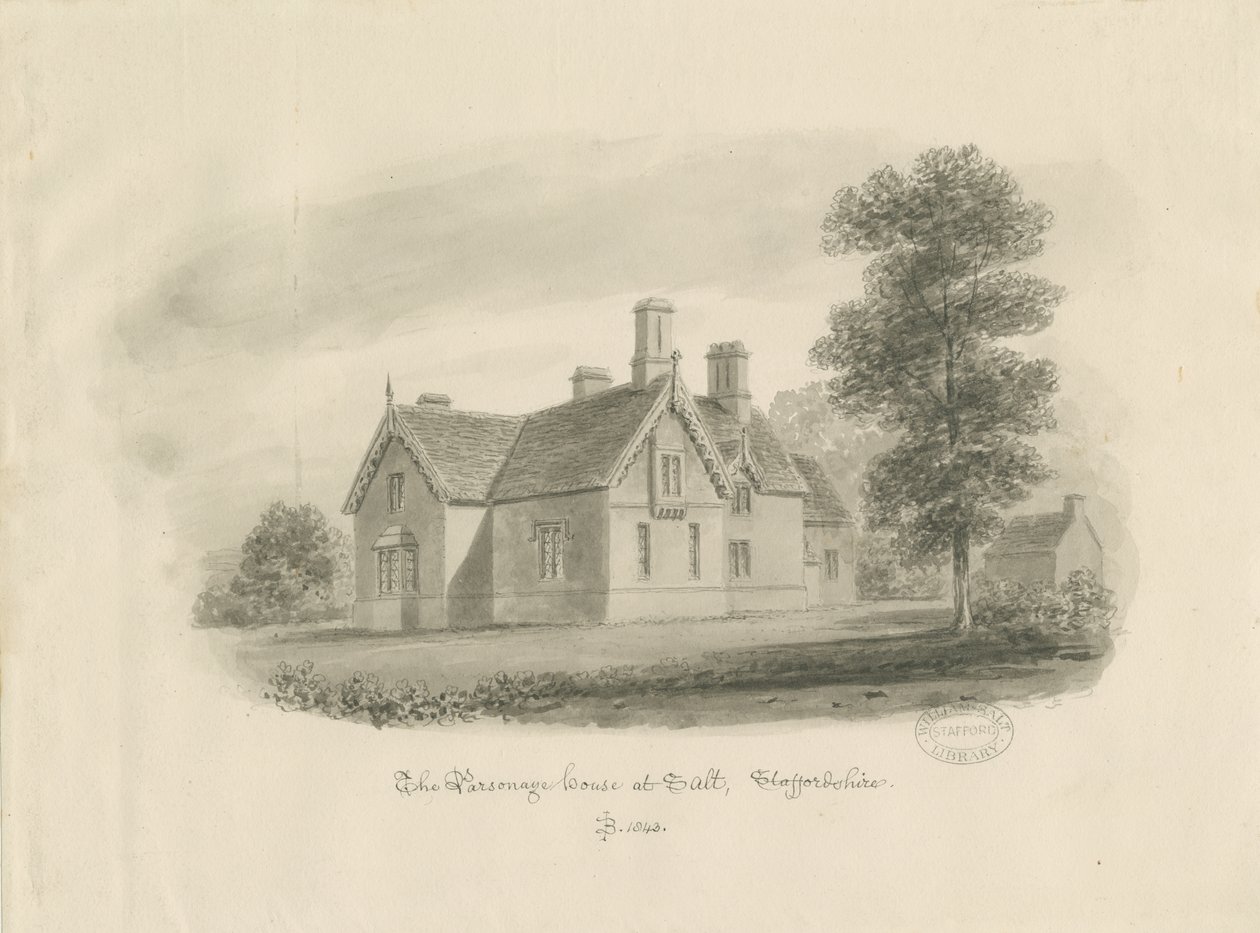 Stafford - Prestehus i Salt: sepia-tegning (vignettert) av John Buckler