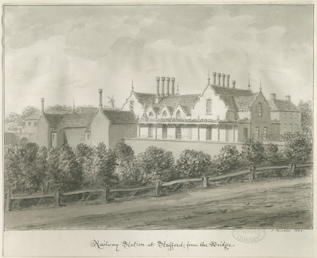 Stafford - jernbanestasjon: sepia-tegning, 1844 av John Buckler
